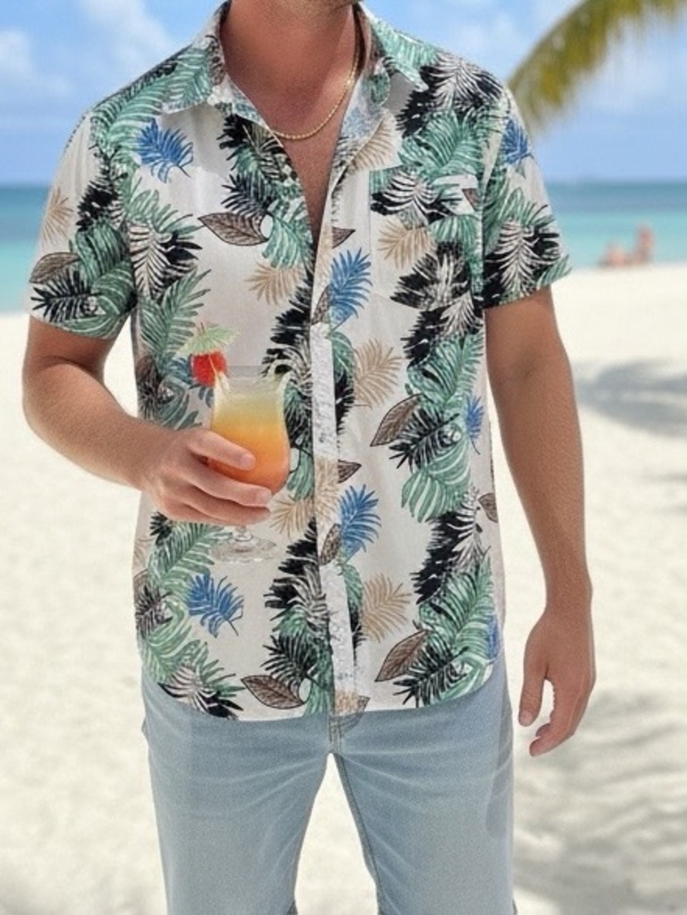 Free Planet Short-Sleeve Tropical Leaf Shirt - Green/Black/Blue on White